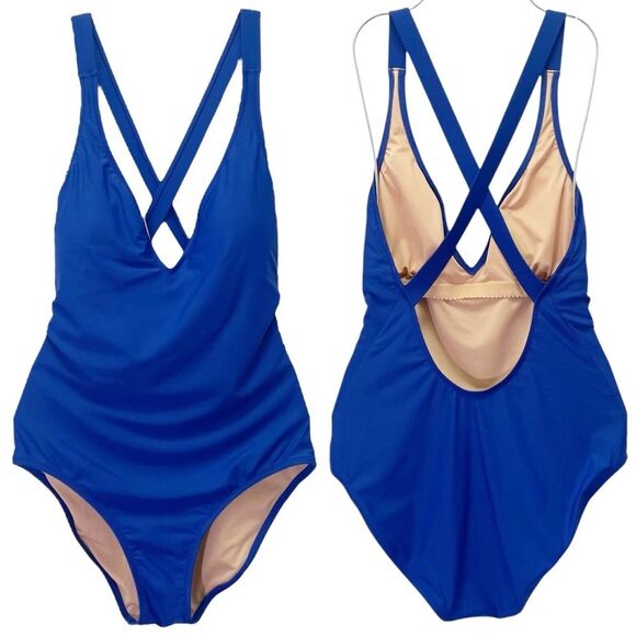J. Crew Cross Back One Piece Swimsuit Royal Blue Size 8 V-Neck Plunge Low Back - Picture 13 of 13